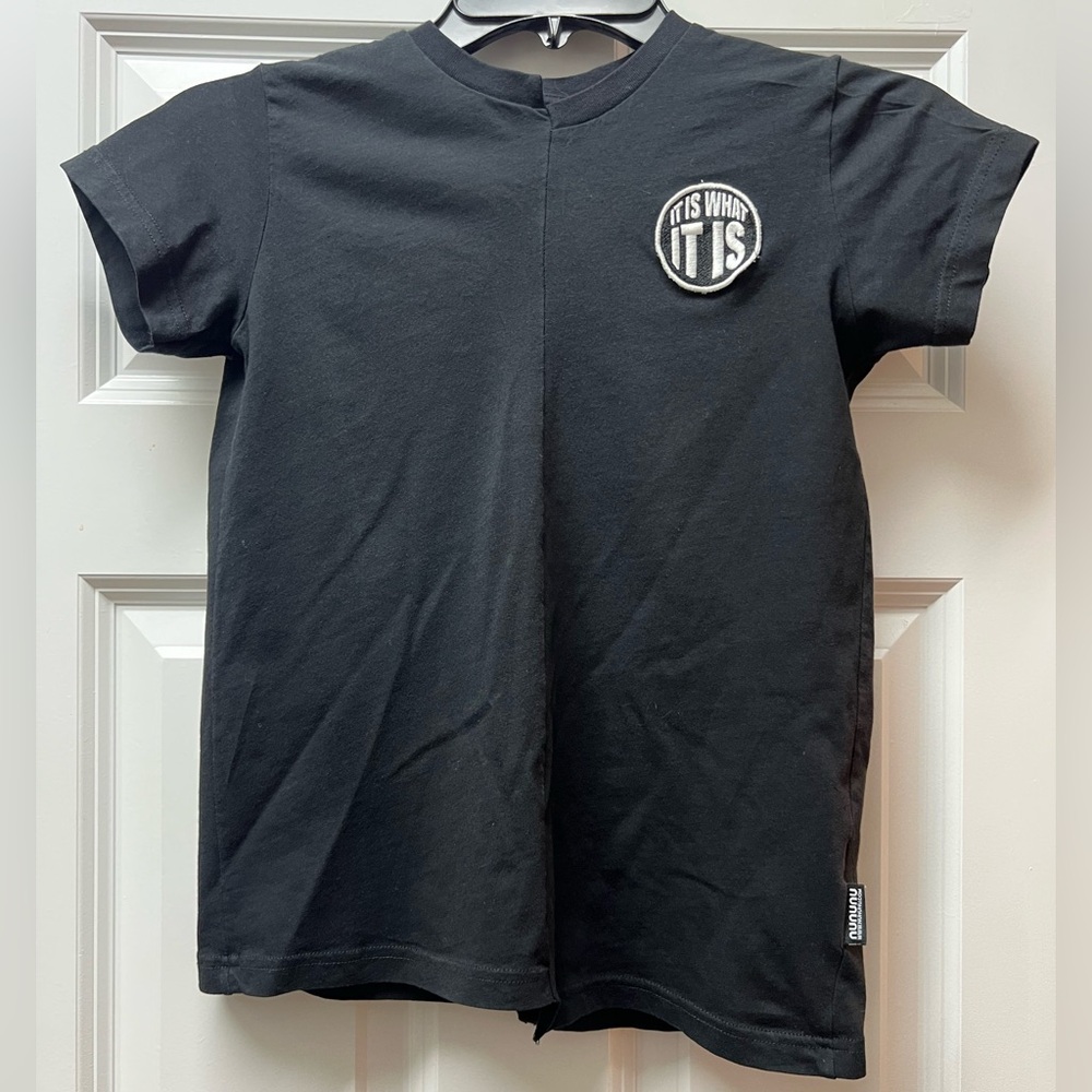nununu Black Short Sleeve Tee with “IT IS WHAT IT IS” Patch Size 8-9